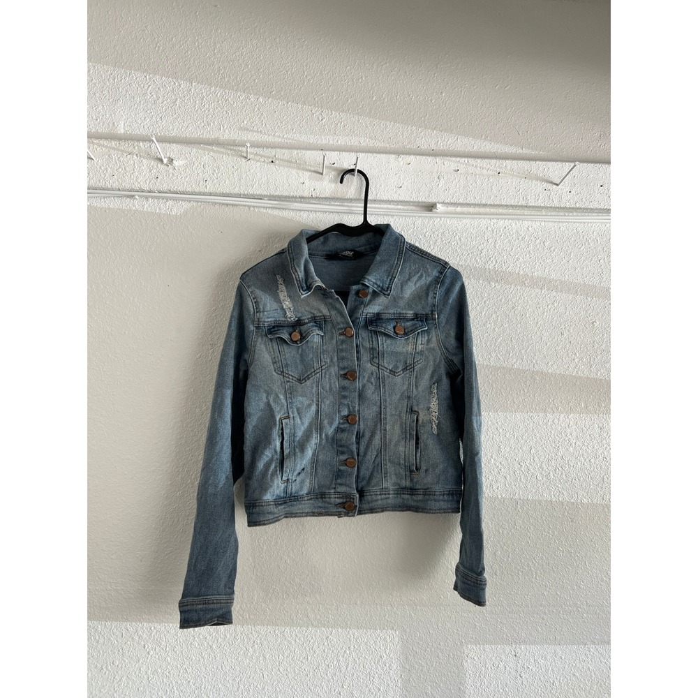 Jou Jou Women's Y2k Distressed Denim Jacket Wash Blue Cropped Trucker Large
